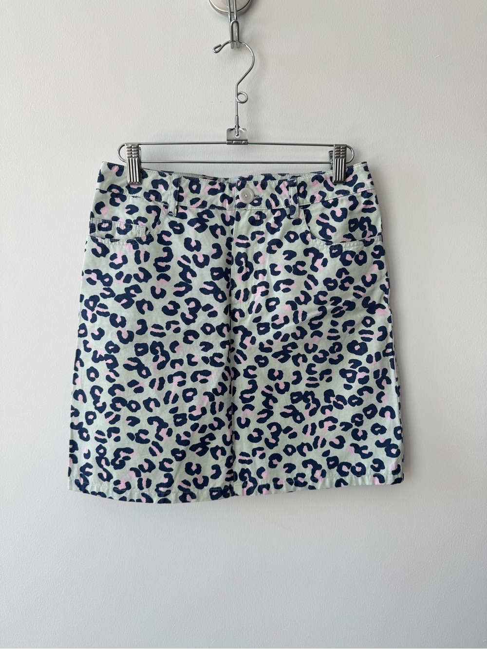 A.P.C. Mint Leopard-Print 100% Cotton Mini Skirt with Navy and Pink Spots